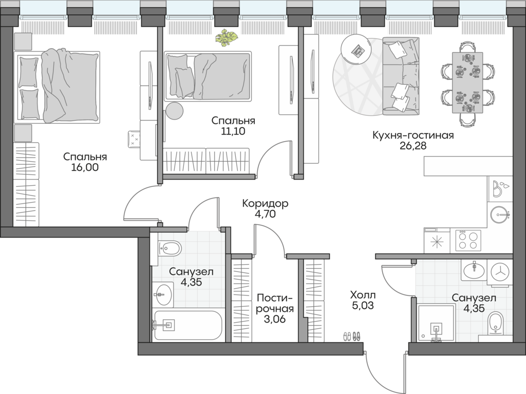 Планировка: 2-комнатные, 73,3 м²