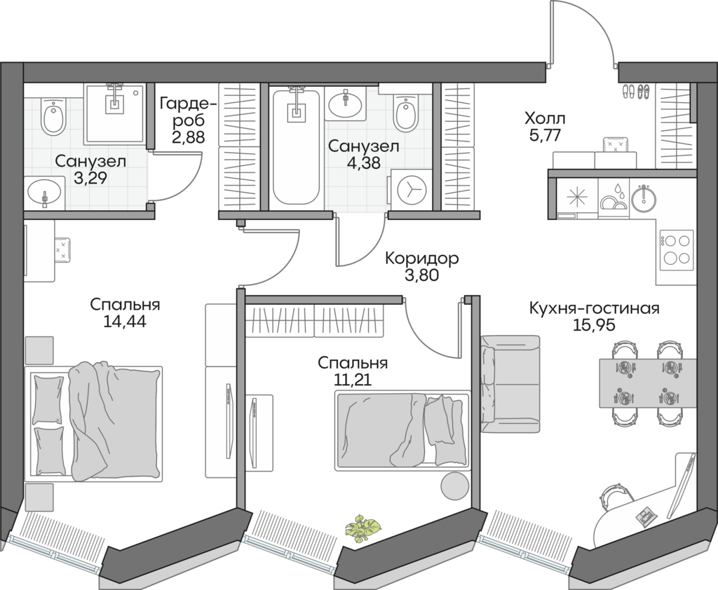 Планировка: 2-комнатные, 60,5 м²