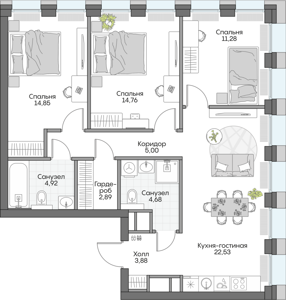 Планировка: 3-комнатные, 82,8 м²