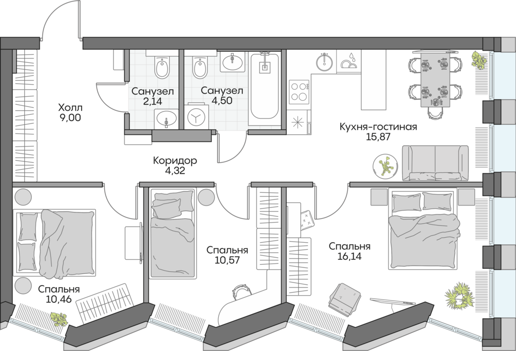 Планировка: 3-комнатные, 69,7 м²
