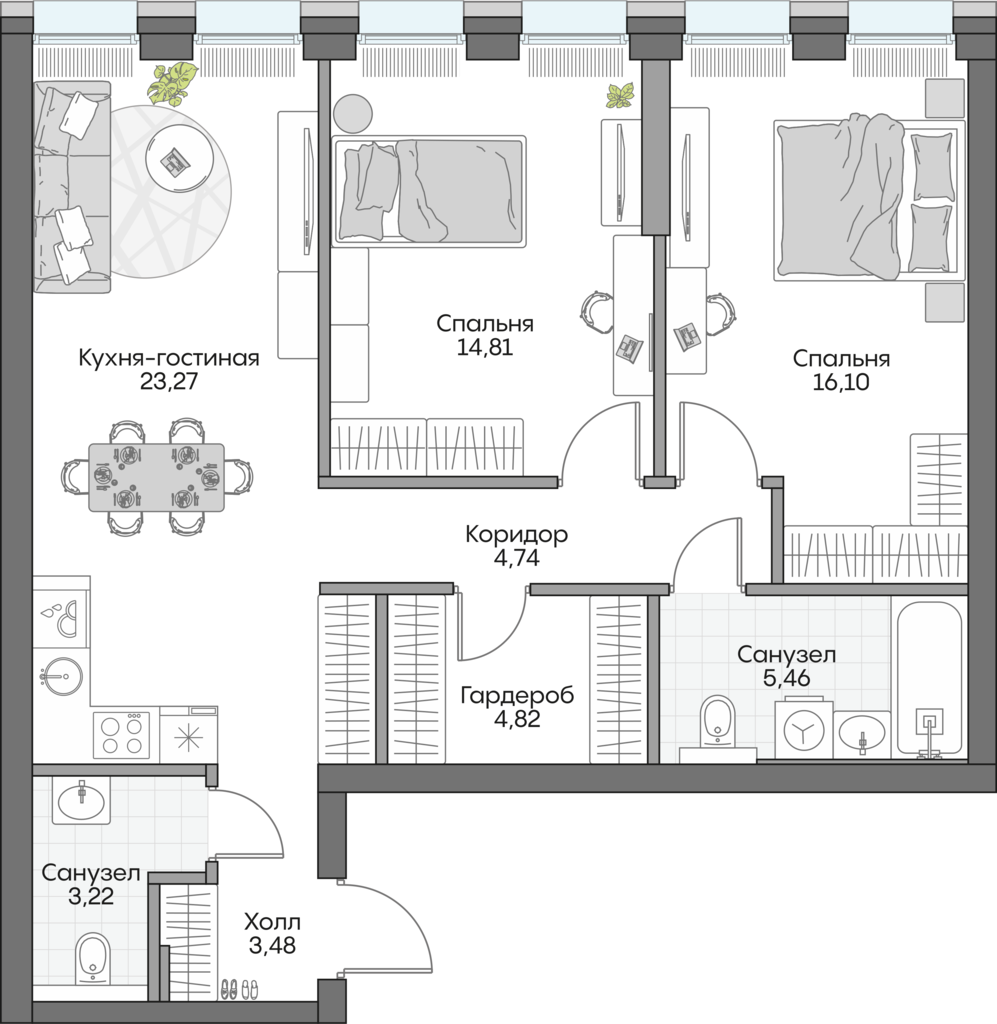 Планировка: 2-комнатные, 74,8 м²