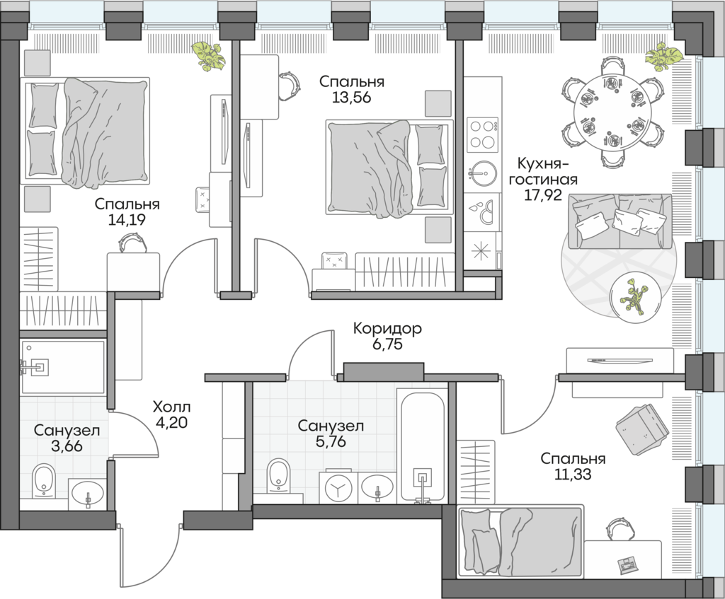 Планировка: 3-комнатные, 75,6 м²