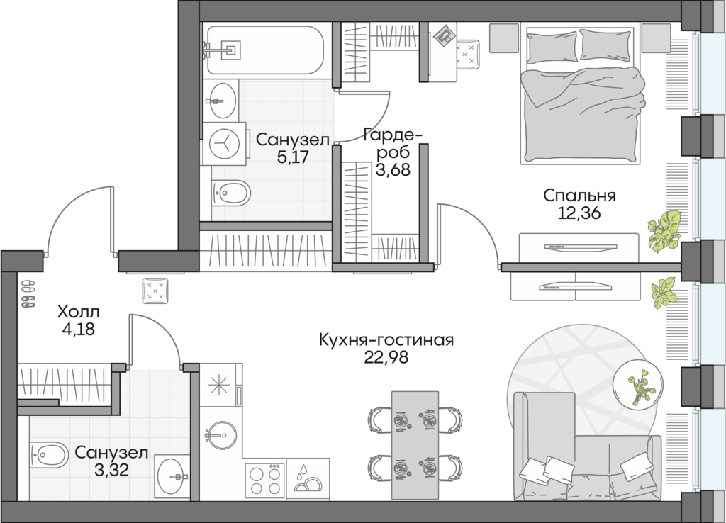 Планировка: 1-комнатные, 51,2 м²