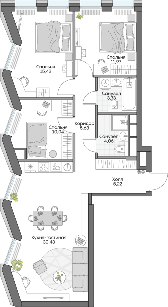 Планировка: 3-комнатные, 82,8 м²