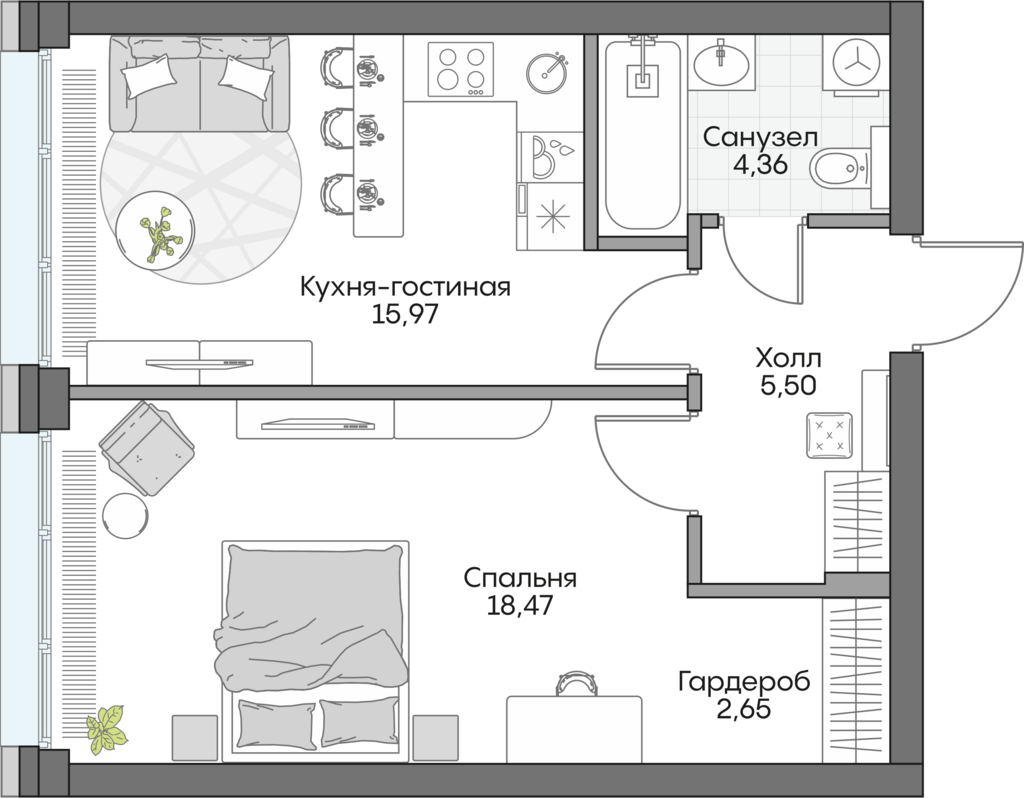 Планировка: 1-комнатные, 46,1 м²