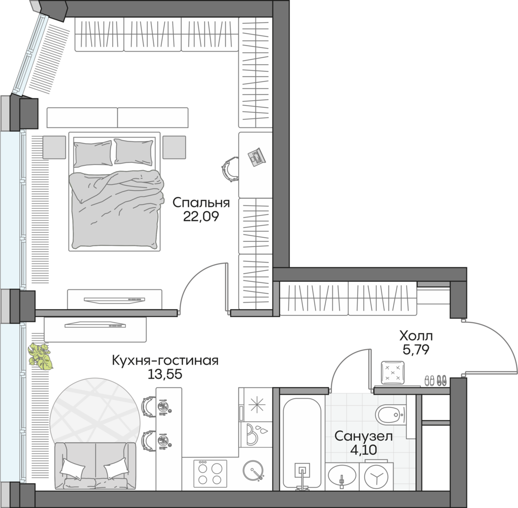 Планировка: 1-комнатные, 44,1 м²