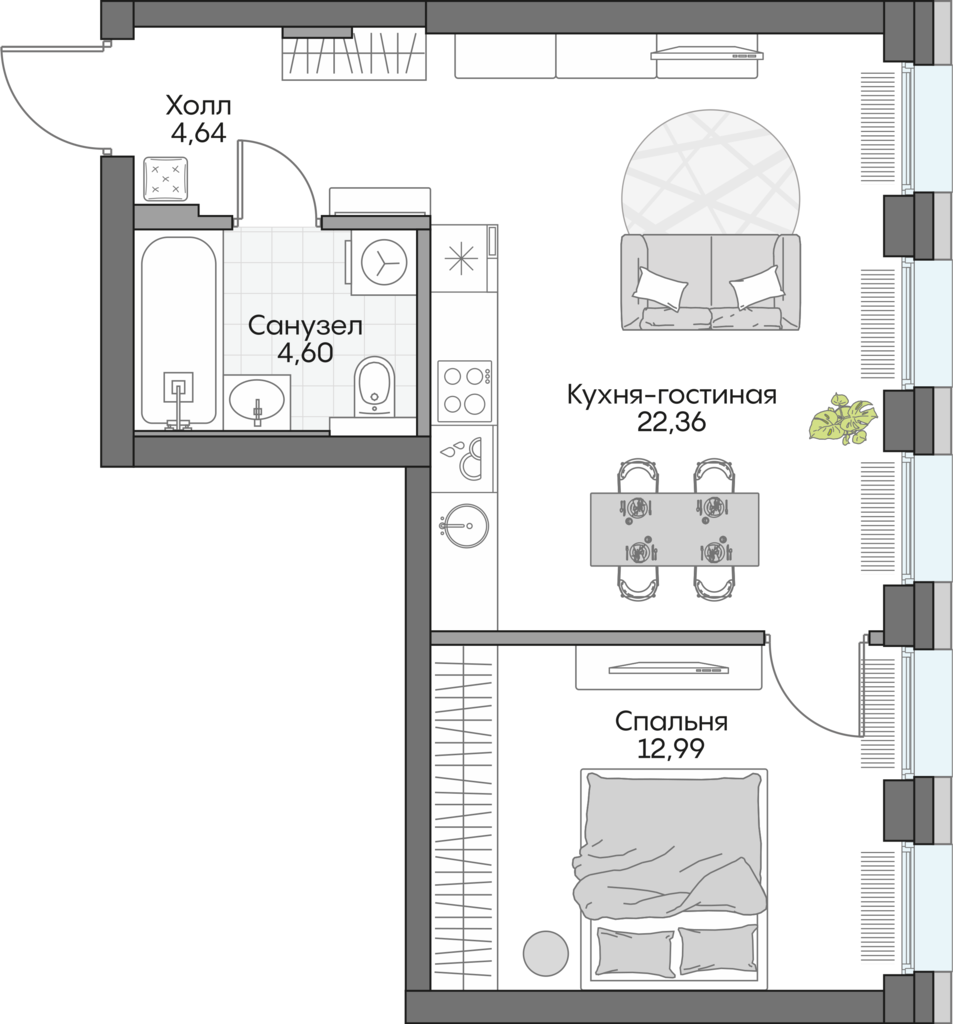 Планировка: 1-комнатные, 44 м²