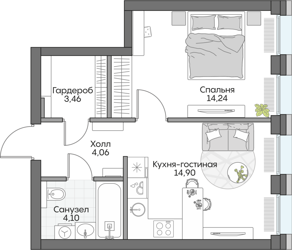 Планировка: 1-комнатные, 40,2 м²