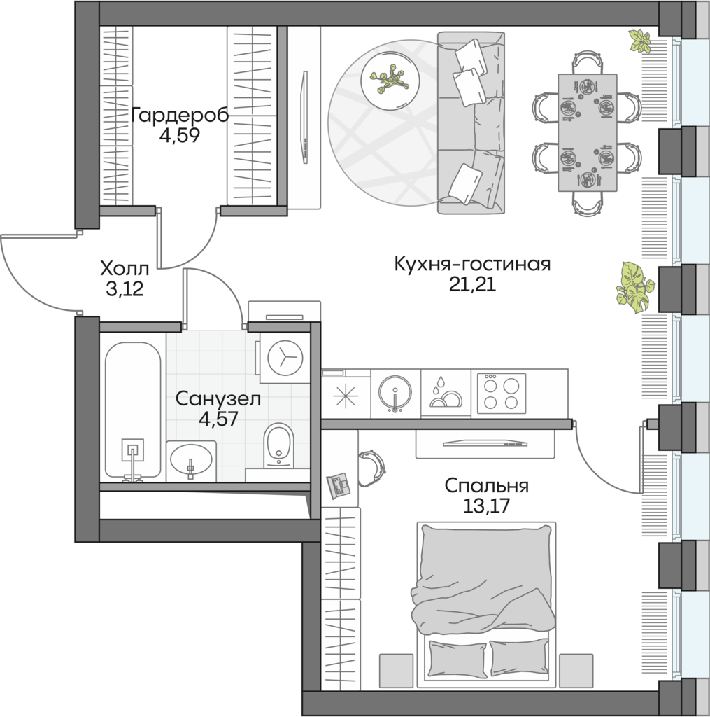 Планировка: 1-комнатные, 45,6 м²