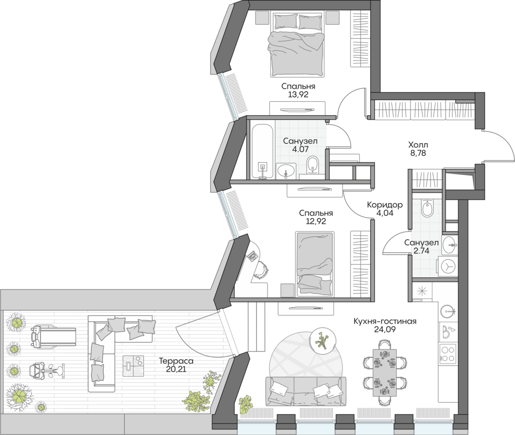 Планировка: 2-комнатные, 88,1 м²