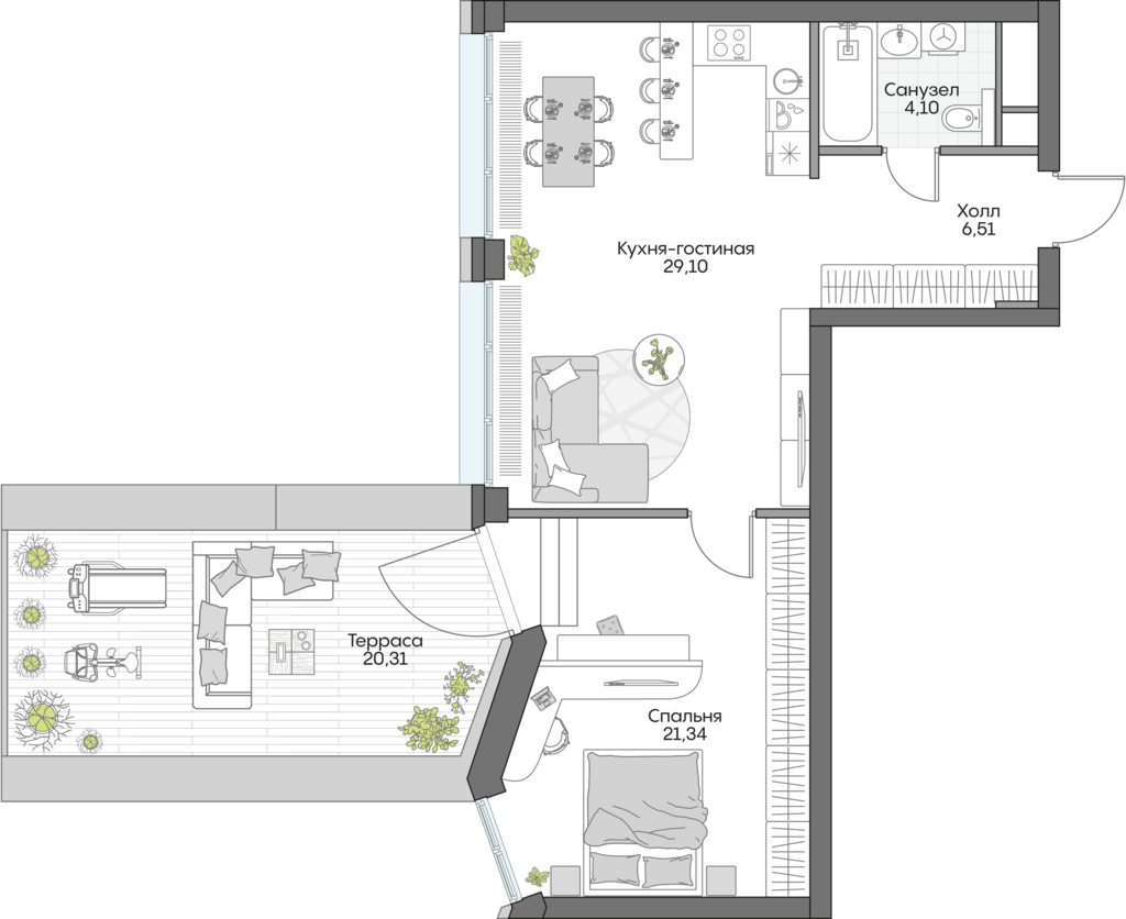 Планировка: 1-комнатные, 79 м²