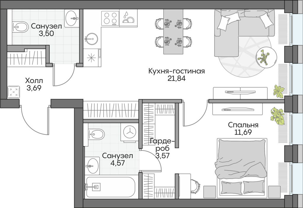 Планировка: 1-комнатные, 48,4 м²
