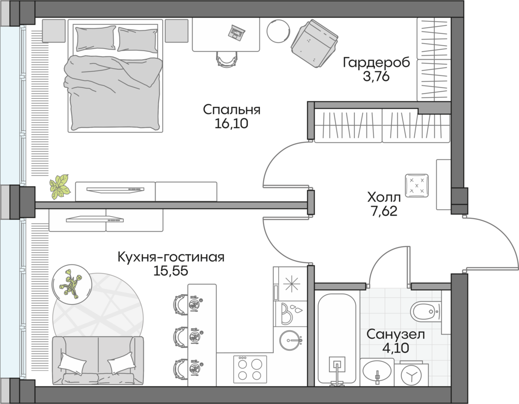 Планировка: 1-комнатные, 46,1 м²