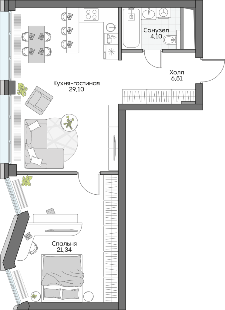 Планировка: 1-комнатные, 58,8 м²