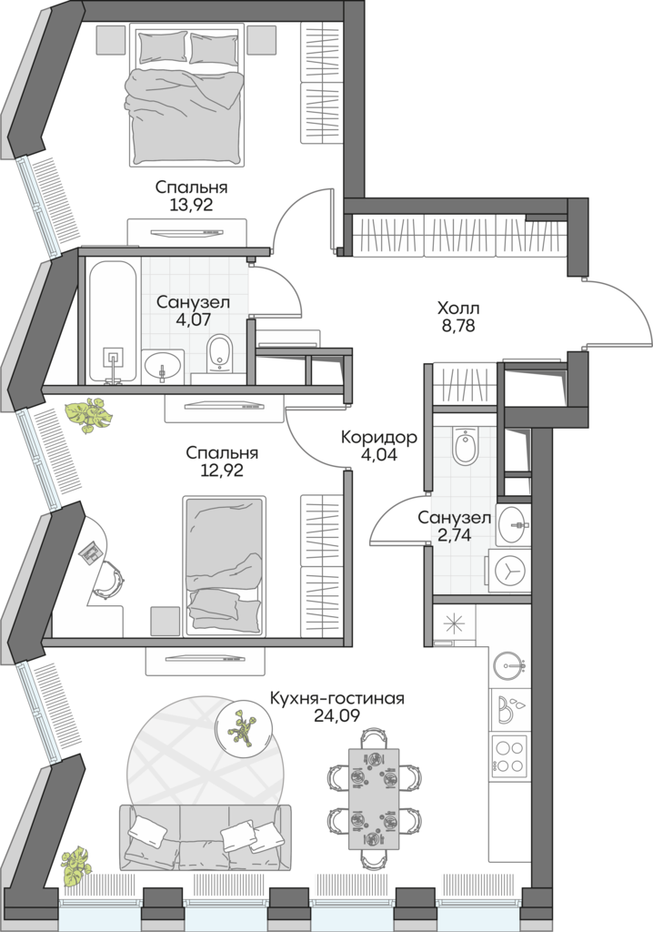 Планировка: 2-комнатные, 68 м²