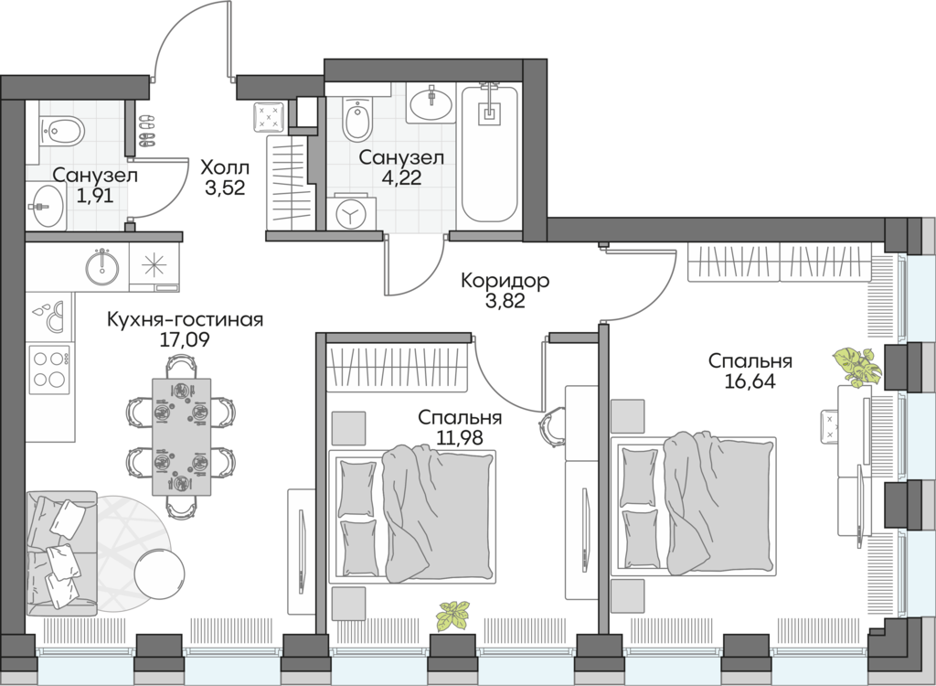 Планировка: 2-комнатные, 56,5 м²