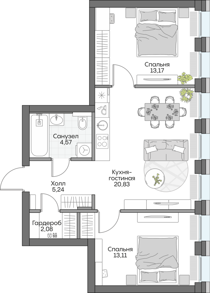 Планировка: 2-комнатные, 58,2 м²