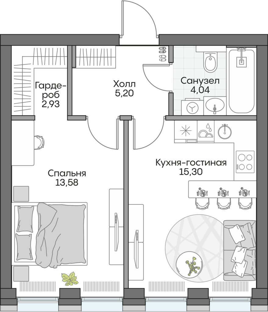 Планировка: 1-комнатные, 40,5 м²