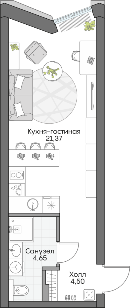 Планировка: Студия, 29 м²