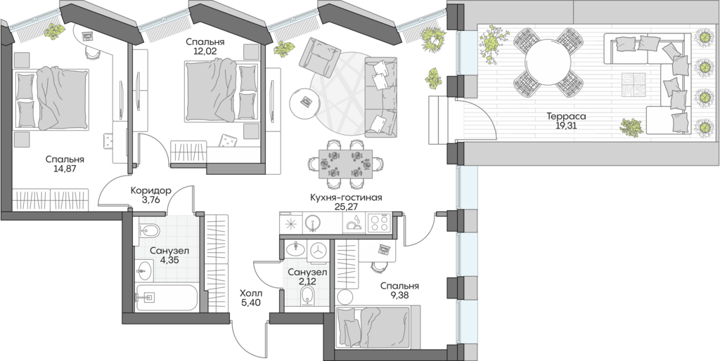 Планировка: 3-комнатные, 94,8 м²