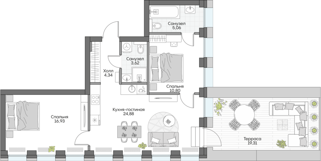 Планировка: 2-комнатные, 81,2 м²