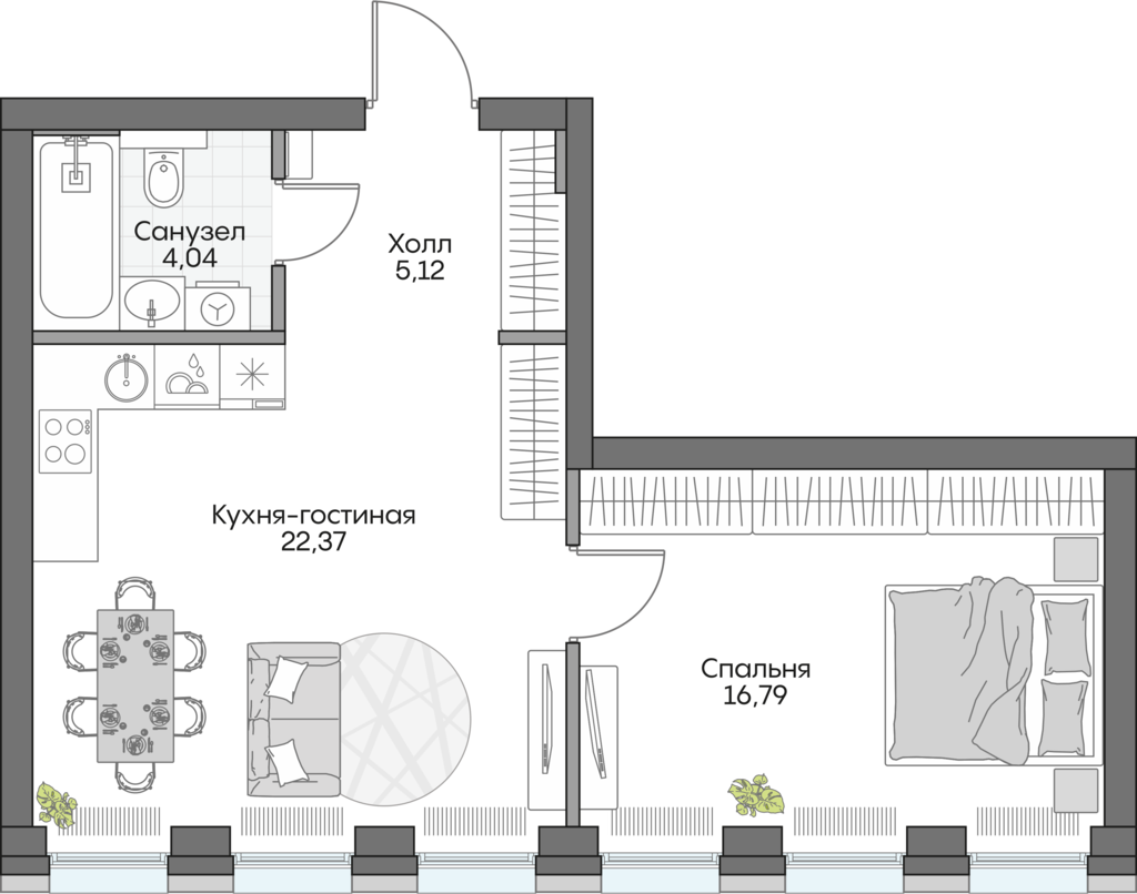 Планировка: 1-комнатные, 46,9 м²