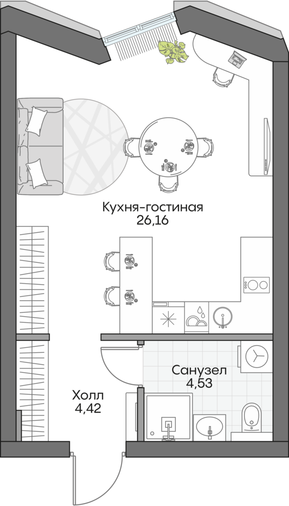 Планировка: Студия, 33,9 м²