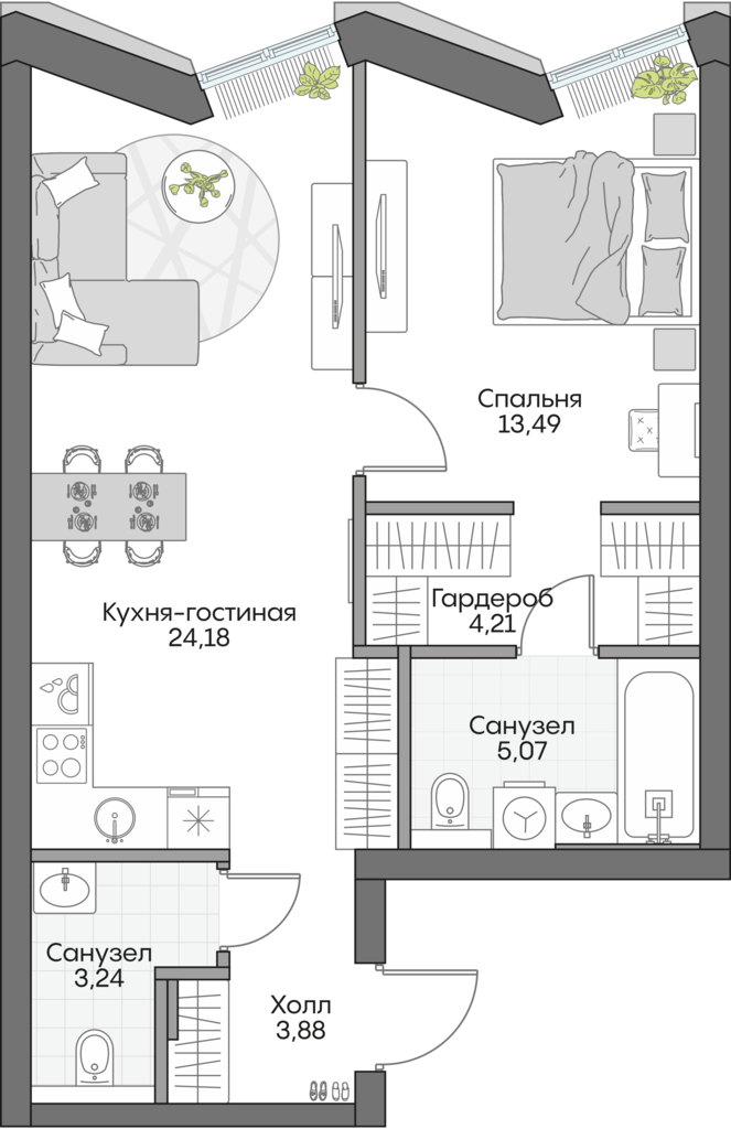 Планировка: 1-комнатные, 52,7 м²