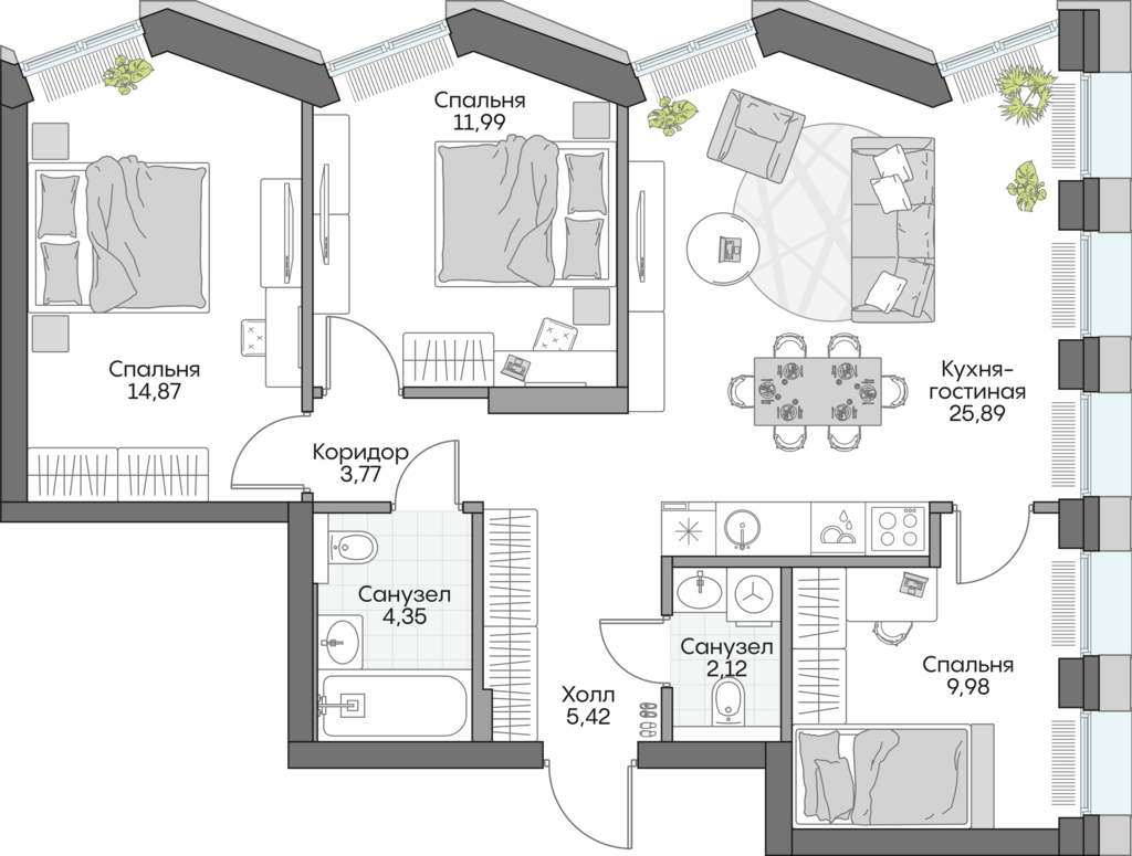 Планировка: 3-комнатные, 75,3 м²