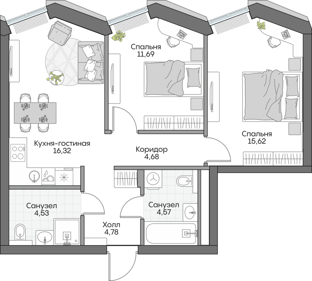 Планировка: 2-комнатные, 61,1 м²