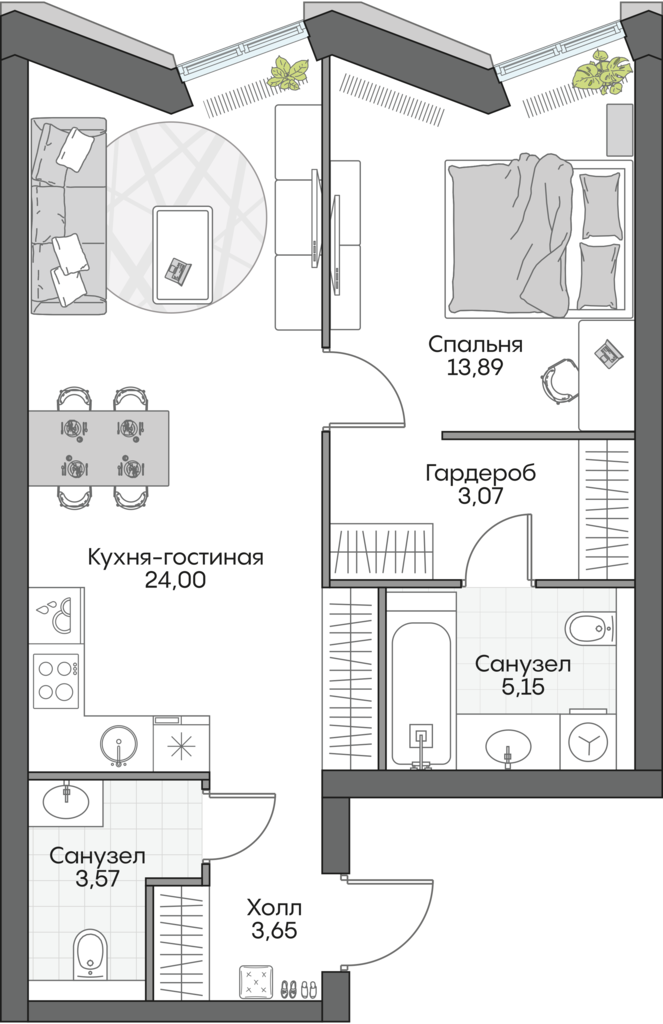 Планировка: 1-комнатные, 52,8 м²