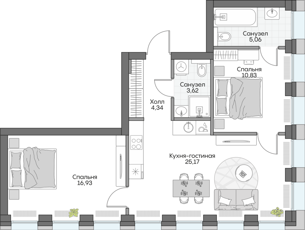 Планировка: 2-комнатные, 61,7 м²