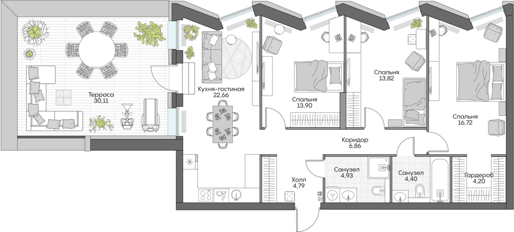 Планировка: 3-комнатные, 121,4 м²