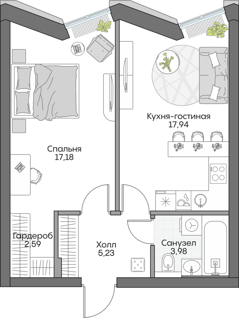 Планировка: 1-комнатные, 46 м²