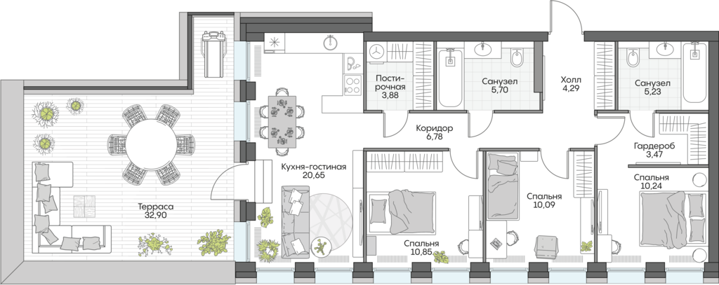 Планировка: 3-комнатные, 113,7 м²
