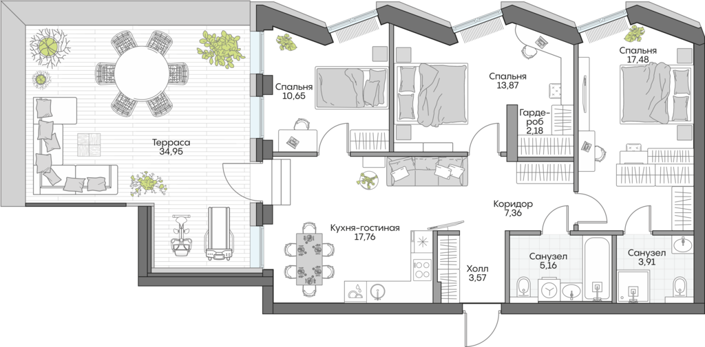 Планировка: 3-комнатные, 114 м²