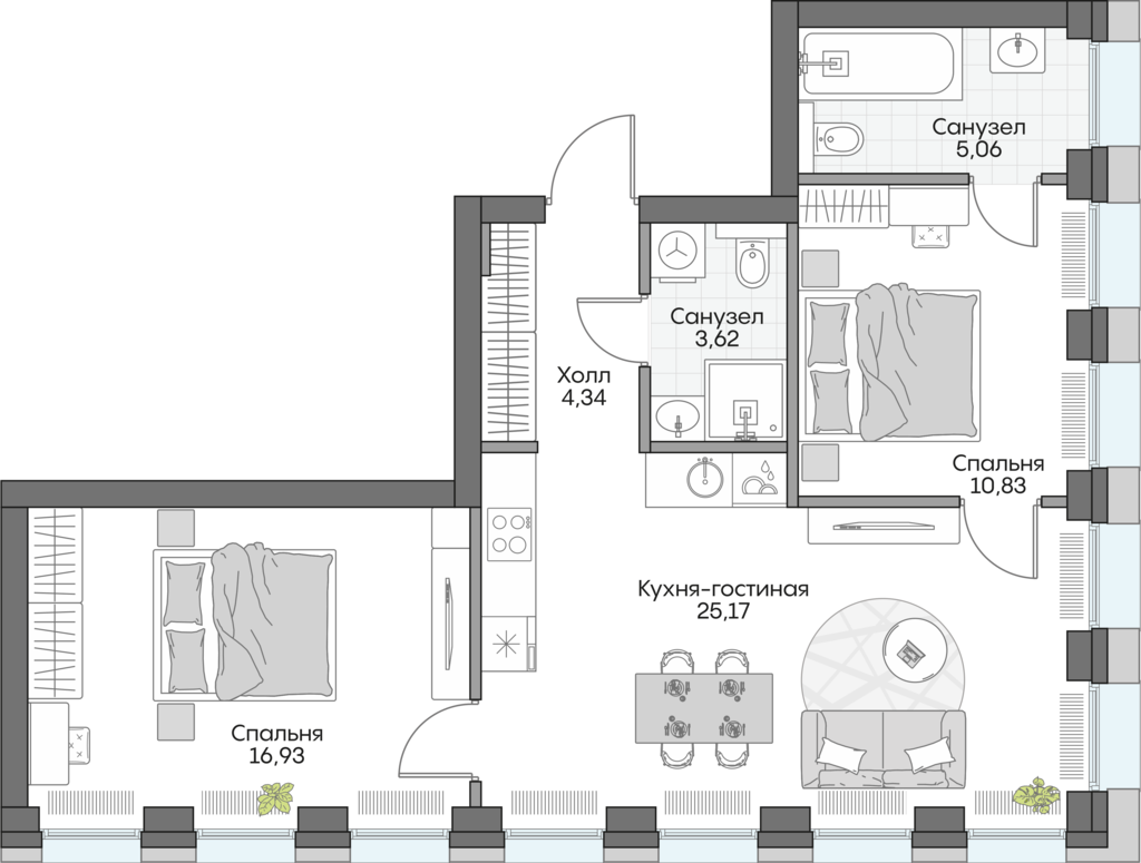 Планировка: 2-комнатные, 61,7 м²