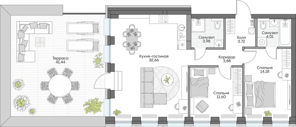 Планировка: 2-комнатные, 113,1 м²