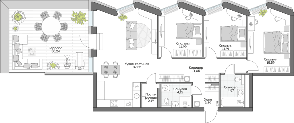 Планировка: 3-комнатные, 125,4 м²