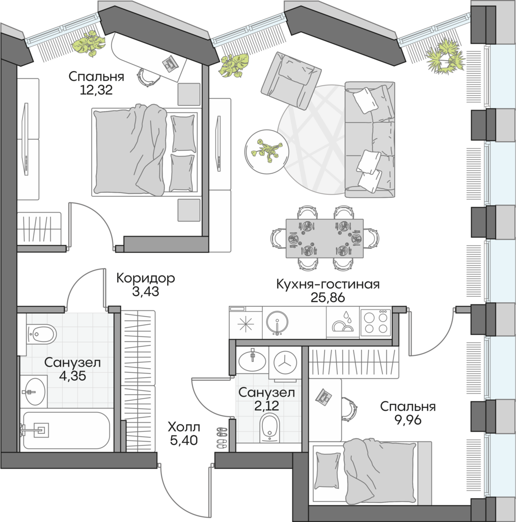 Планировка: 2-комнатные, 61,1 м²