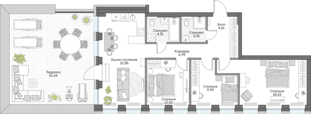 Планировка: 3-комнатные, 118,3 м²