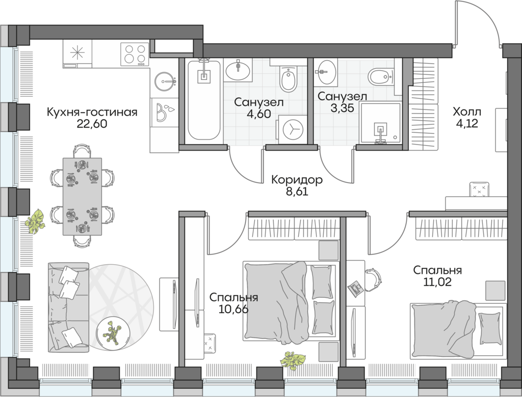 Планировка: 2-комнатные, 62,2 м²