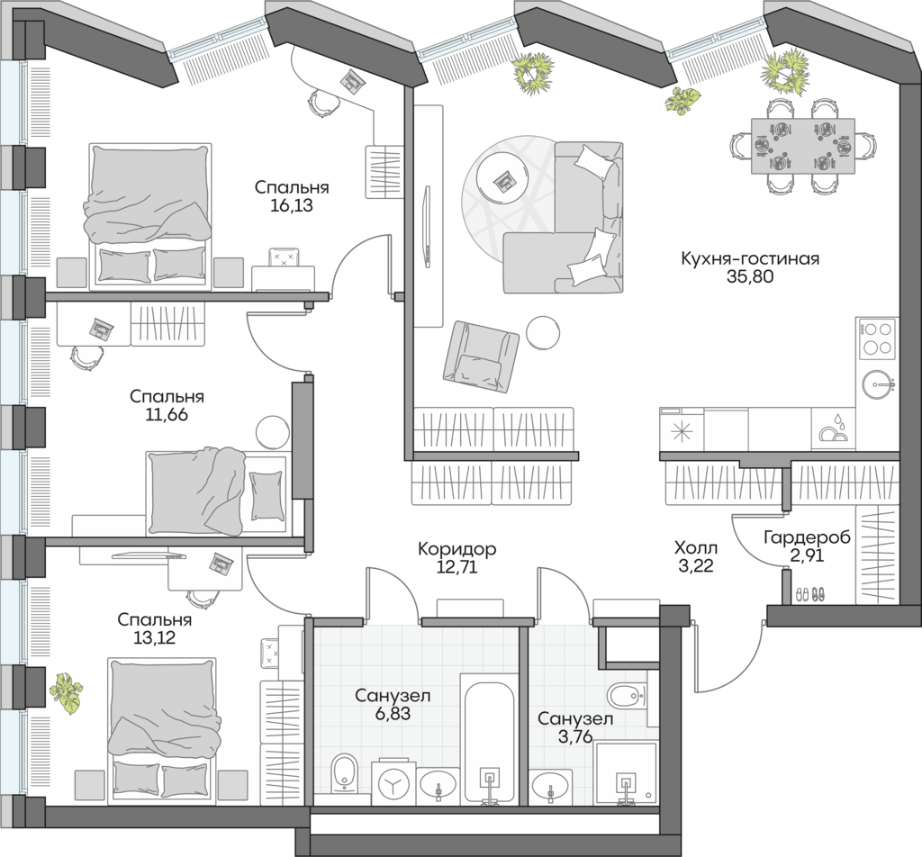 Планировка: 3-комнатные, 103,7 м²
