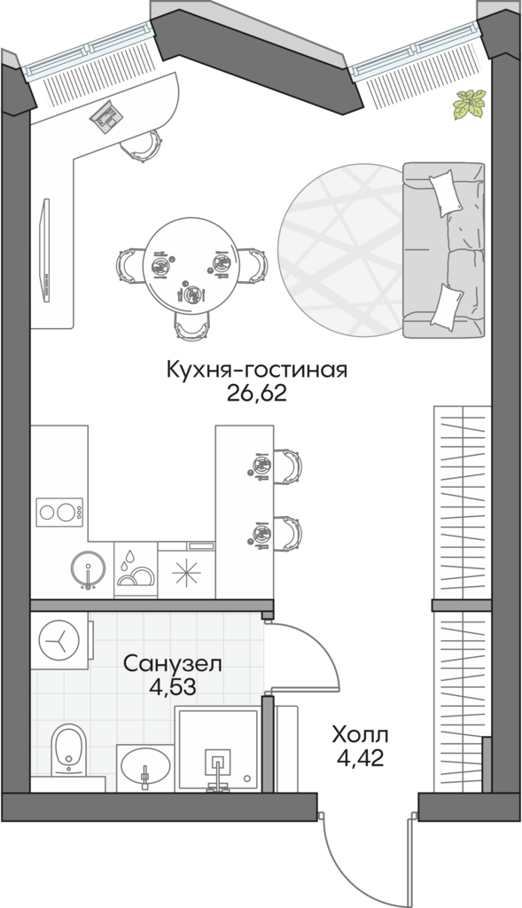 Планировка: Студия, 34,4 м²