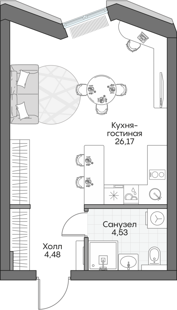 Планировка: Студия, 34,6 м²
