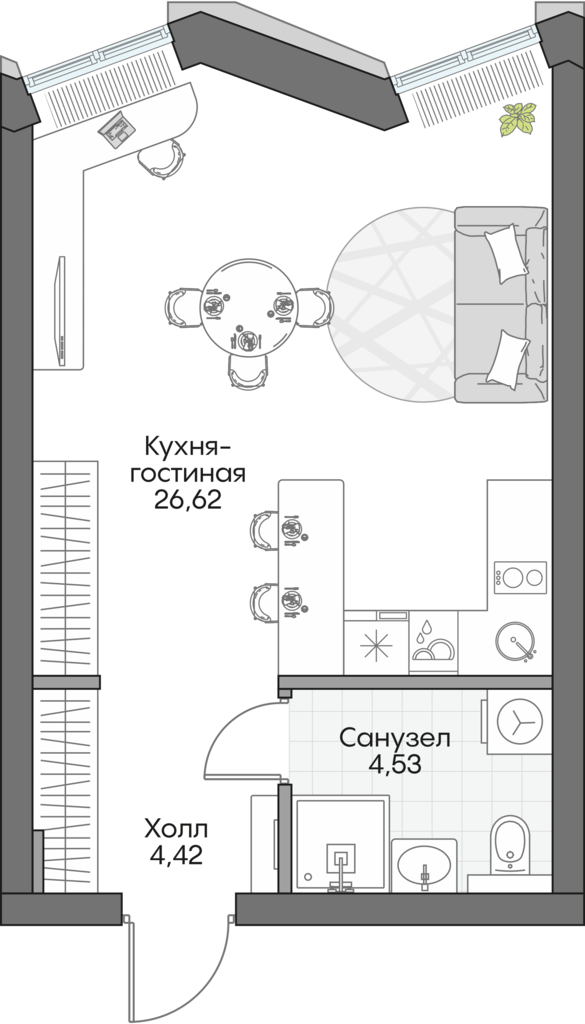 Планировка: Студия, 34,6 м²