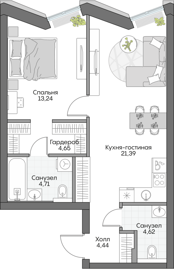 Планировка: 1-комнатные, 52,7 м²