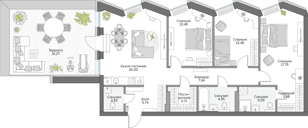 Планировка: 3-комнатные, 134,7 м²