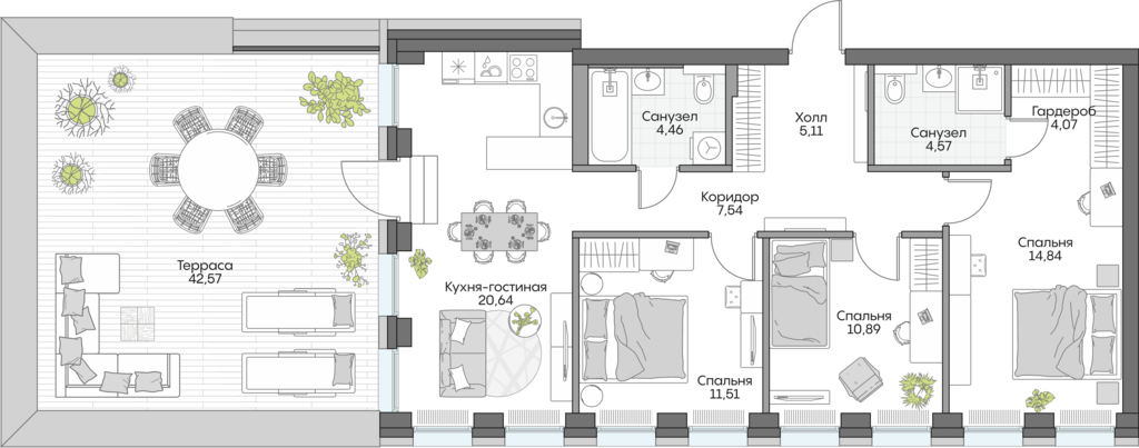Планировка: 3-комнатные, 124 м²