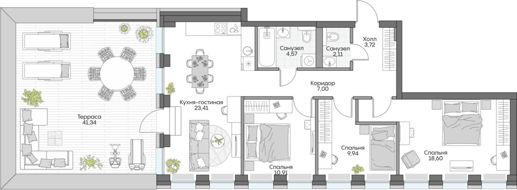 Планировка: 3-комнатные, 118,6 м²